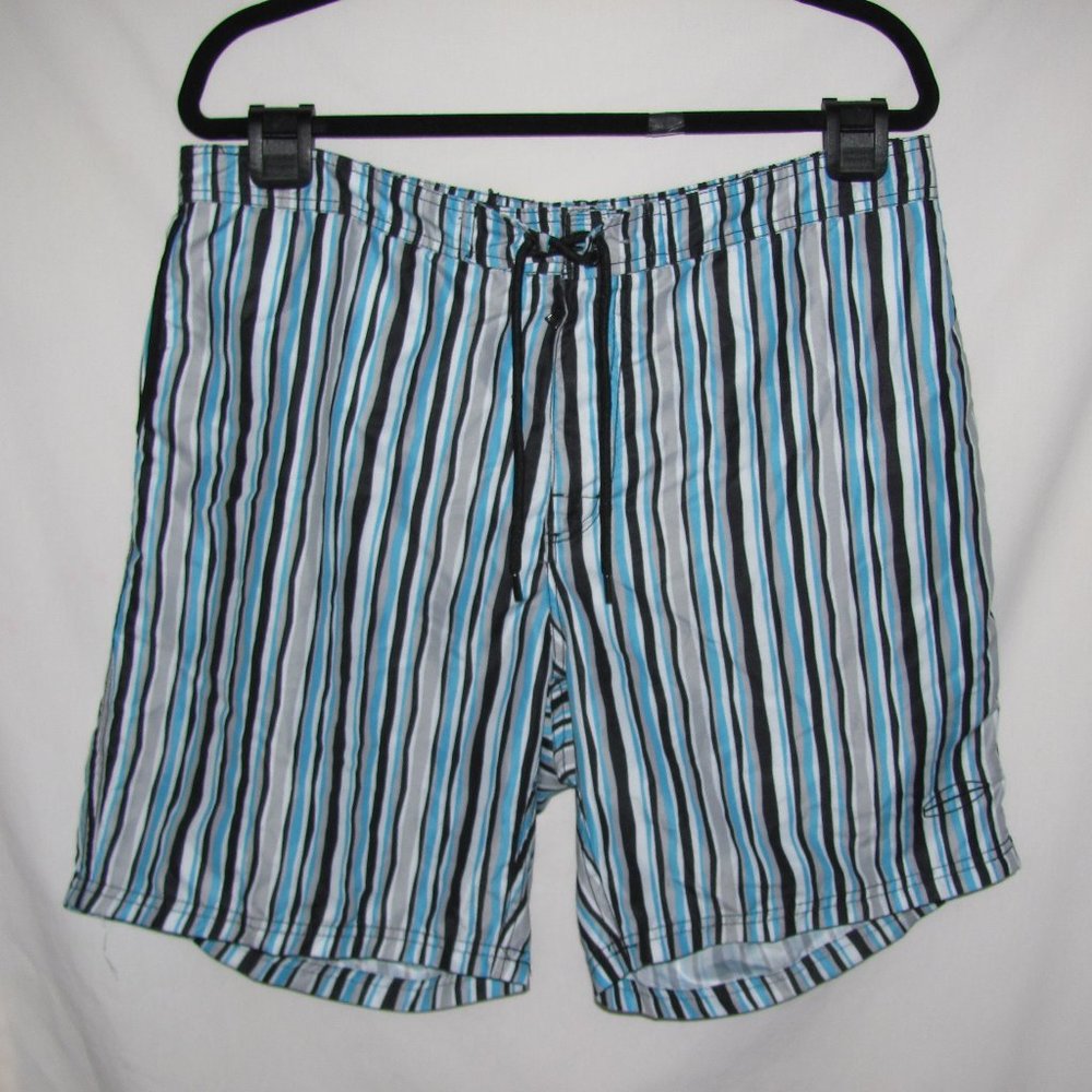 Mens' Beach Bros Blue Black Gray Striped Lined Zip Fly Board Shorts Size XXL 2XL